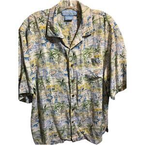 Bermuda Bay 100% Silk Hawaiian Shirt Men's Large Blue Fish Print Button Down